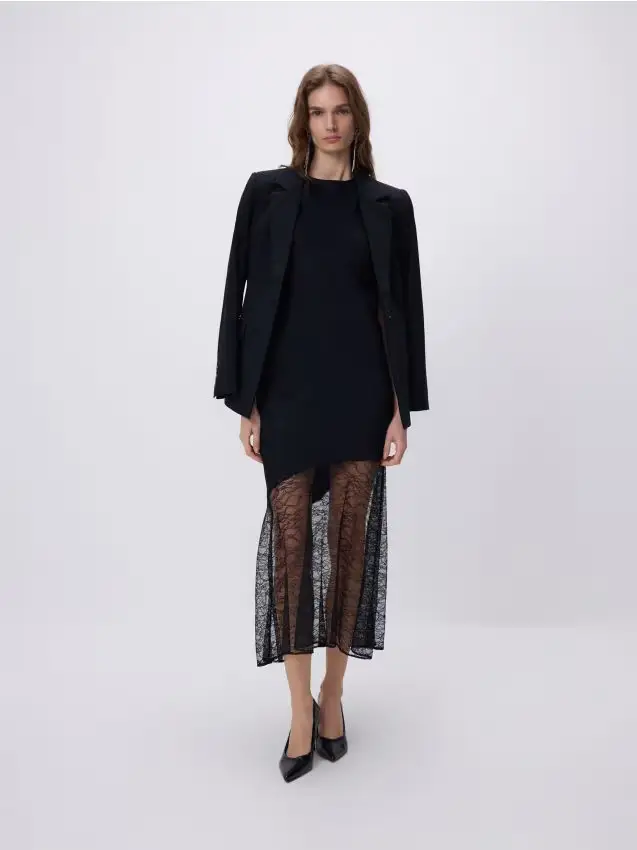 Vestito midi con dettaglio in pizzo - nero