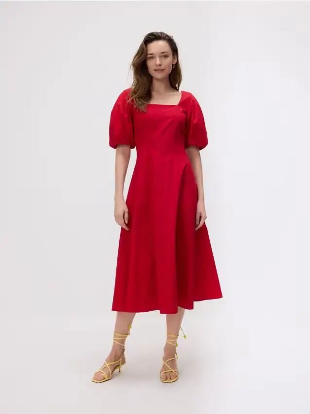 Vestito midi con maniche a palloncino - rosso