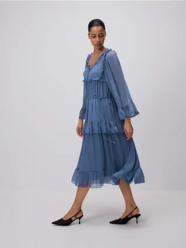 Vestito midi con volant - blu