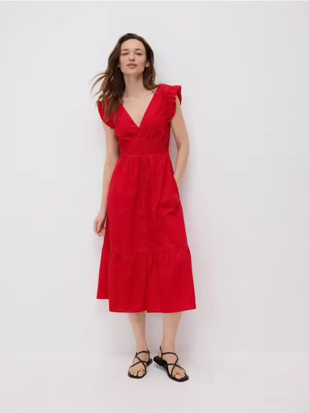 Vestito midi con volant - rosso
