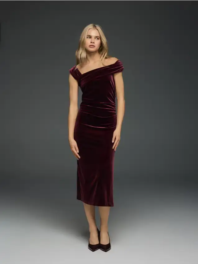 Vestito midi in velour - maroon