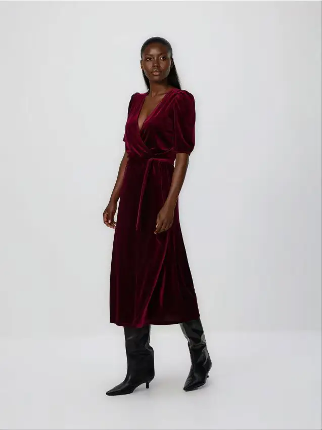 Vestito midi in velour - maroon