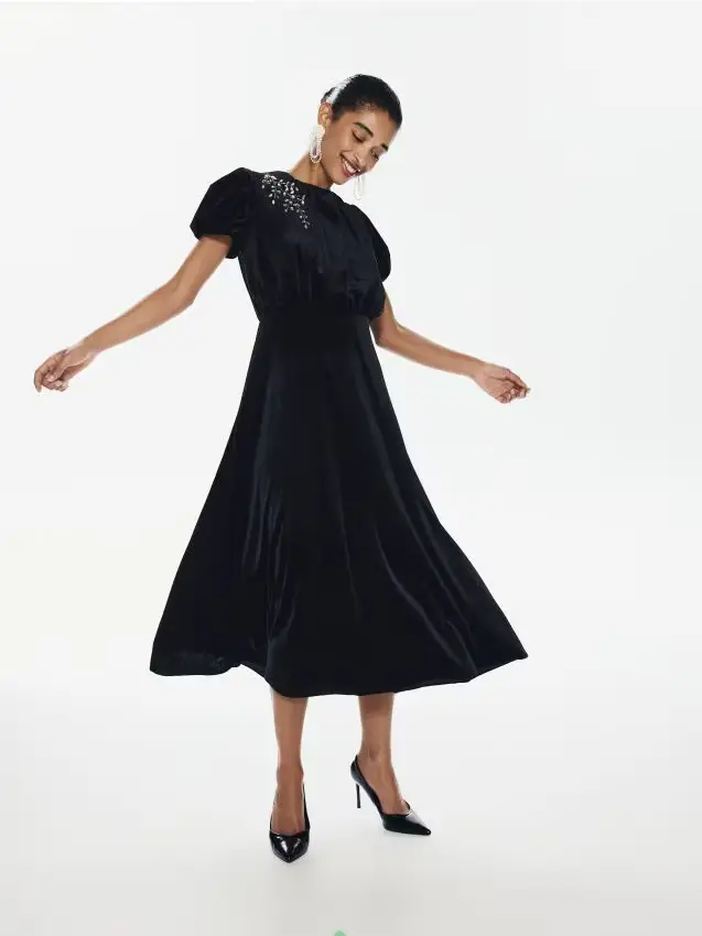 Vestito midi in velour - nero