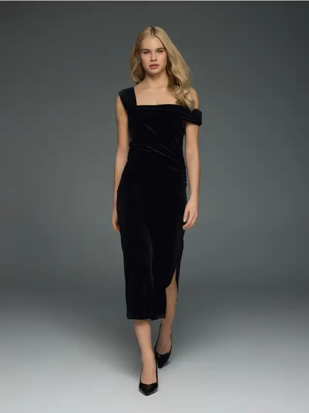 Vestito midi in velour - nero