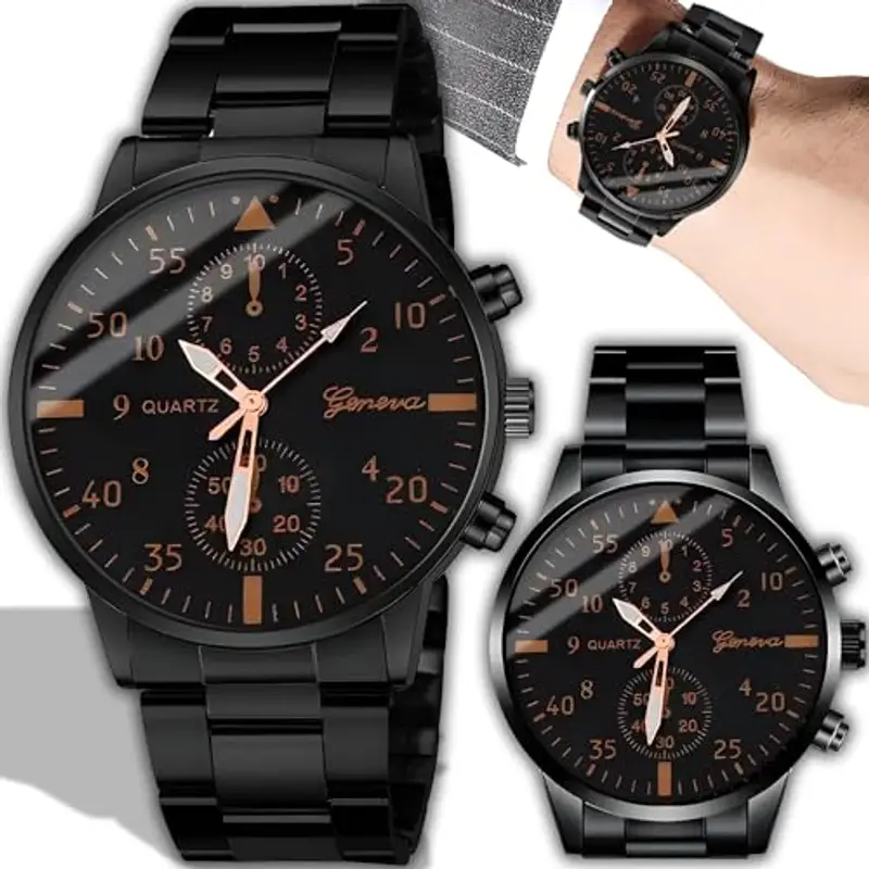 Retoo Orologio da polso analogico da uomo, al quarzo, con cinturino in acciaio inox, orologio da uomo, minimalista, unisex, casual, outdoor, elegante, classico regalo per uomini e donne, nero, Nero miniatura 2