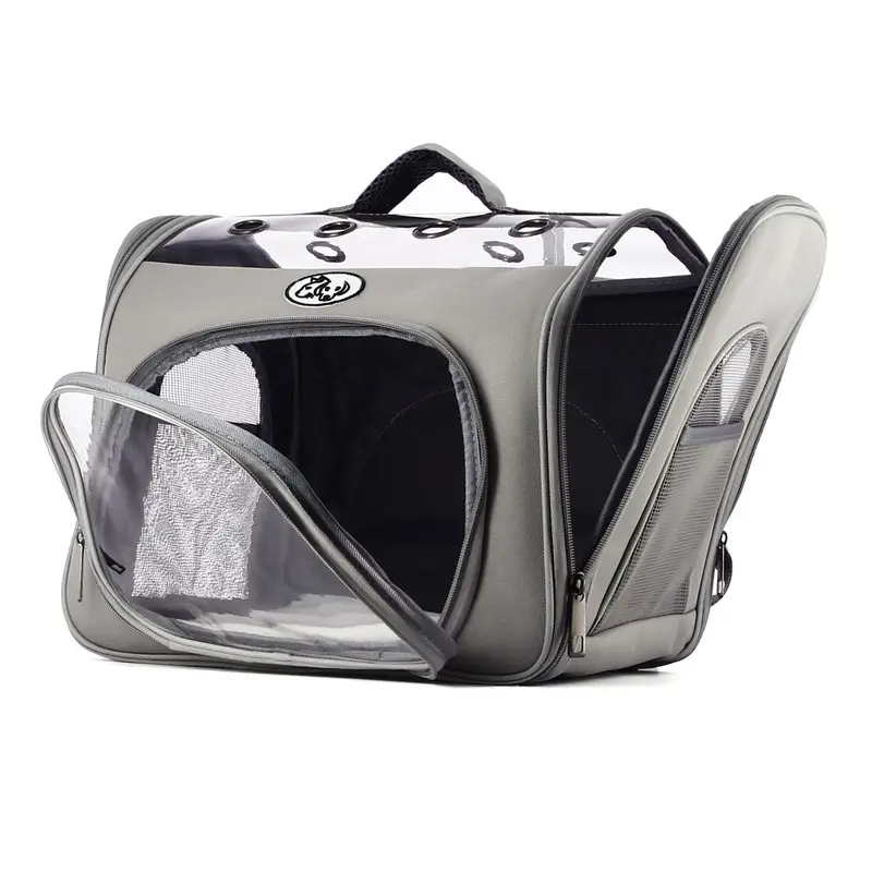 Trasportino morbido a zaino grigio per gatti e cani di piccola