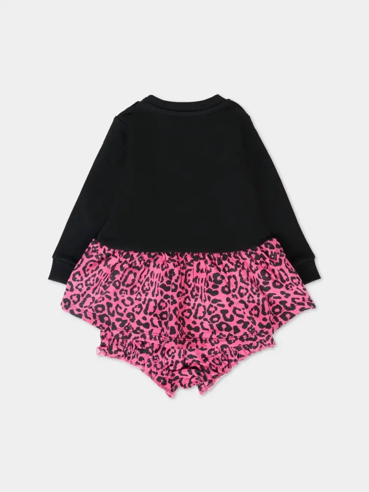 abito nero neonata in cotone motivo animalier logo a contrasto miniatura 2