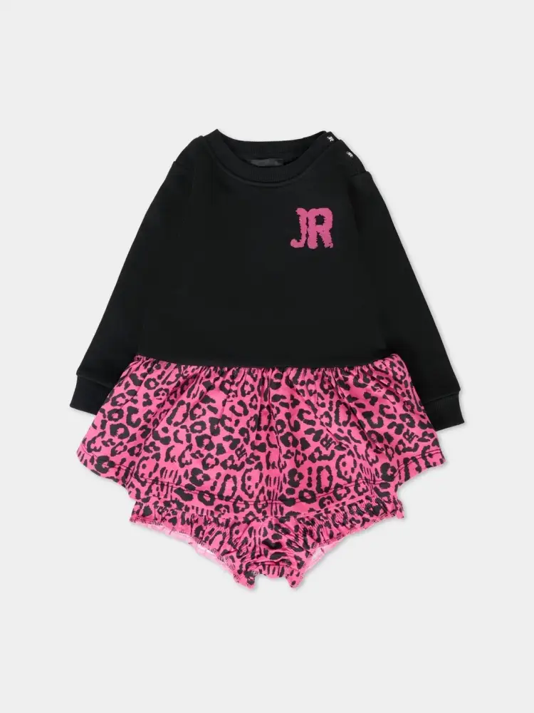 abito nero neonata in cotone motivo animalier logo a contrasto
