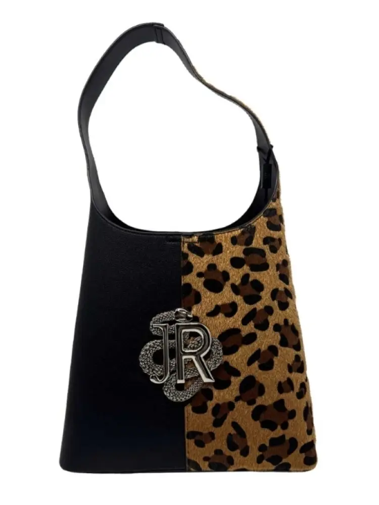 borsa nera donna in ecopelle con motivo animalier logo sul davanti