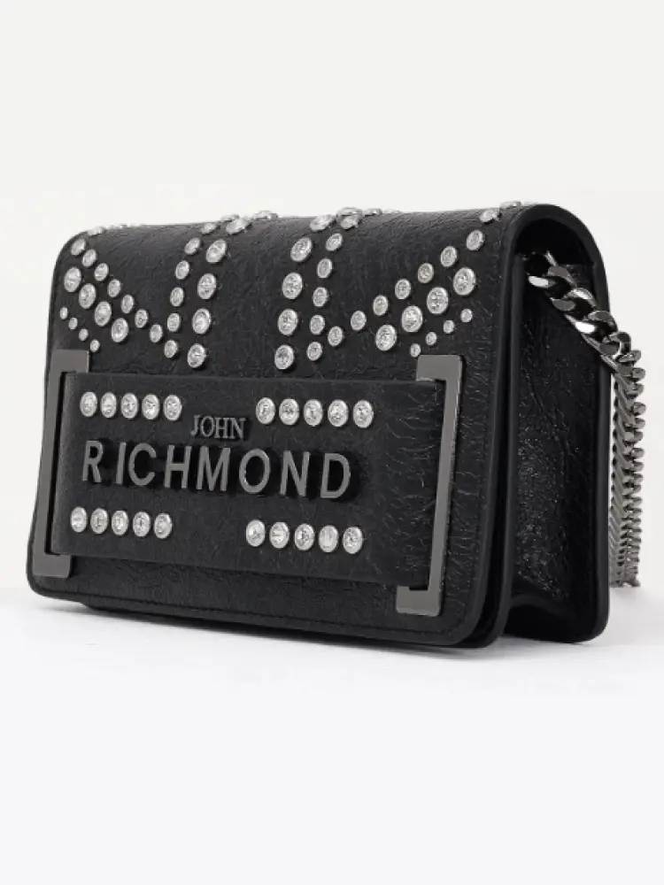 borsa nera donna in ecopelle con tracolla borchie all over miniatura 2