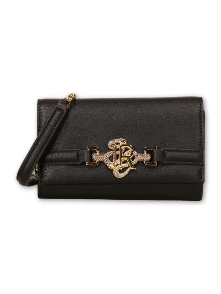 borsa nera donna in ecopelle con tracolla logo oro sul davanti miniatura 2