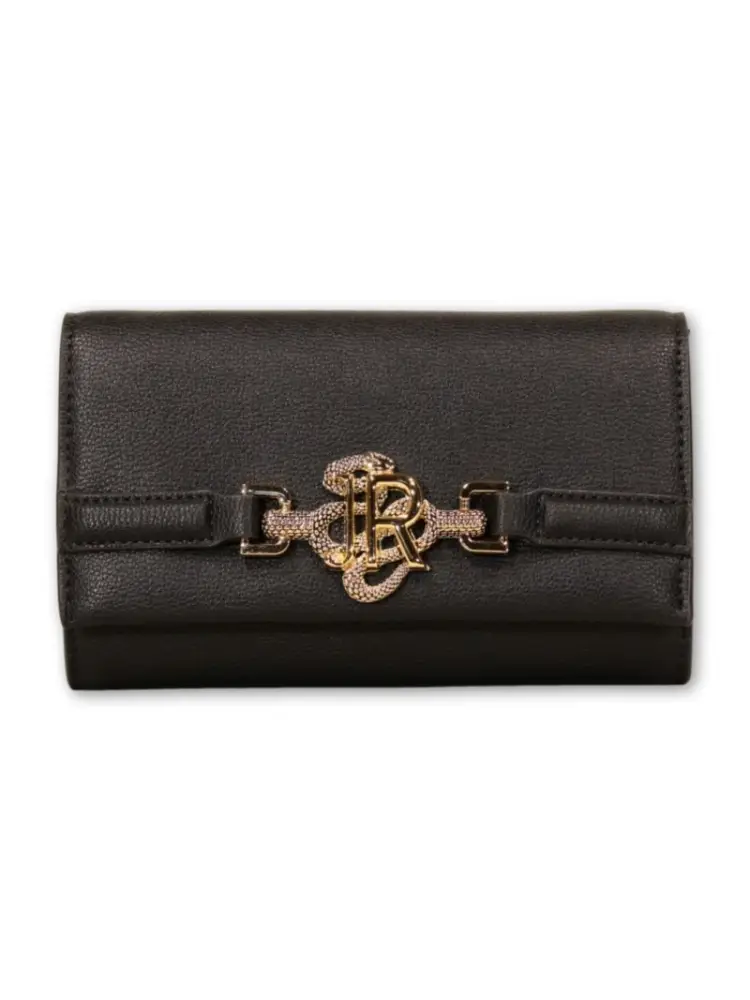 borsa nera donna in ecopelle con tracolla logo oro sul davanti