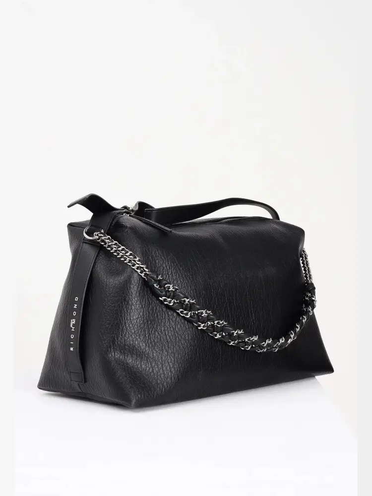 borsa nera donna in ecopelle con tracolla logo sul lato miniatura 2