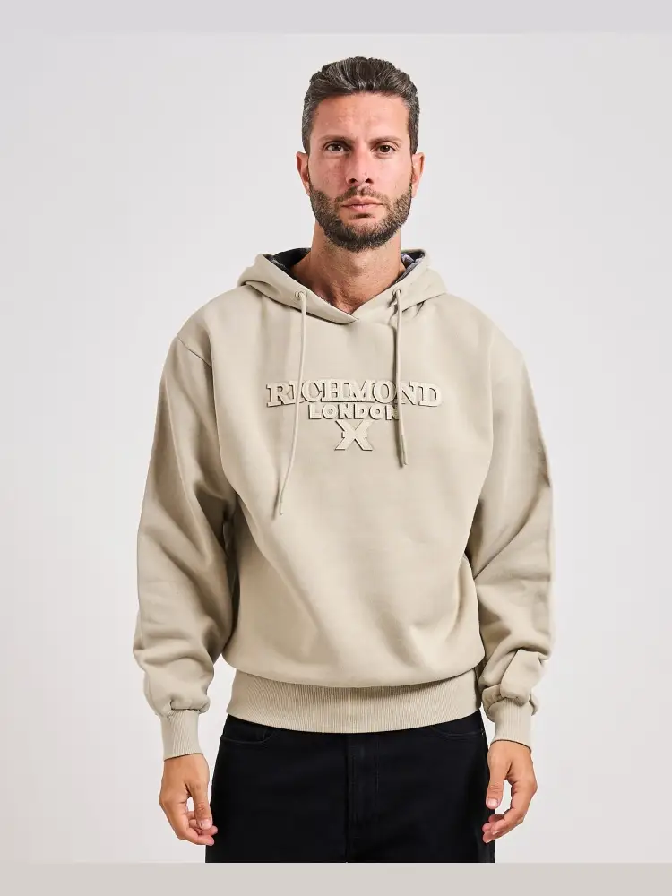 felpa beige uomo in cotone con cappuccio maxi logo sul davanti