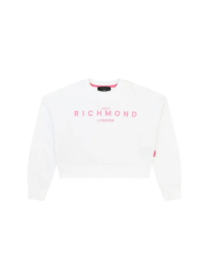Richmond felpa bianca bambina in cotone crop logo a contrasto rosa
