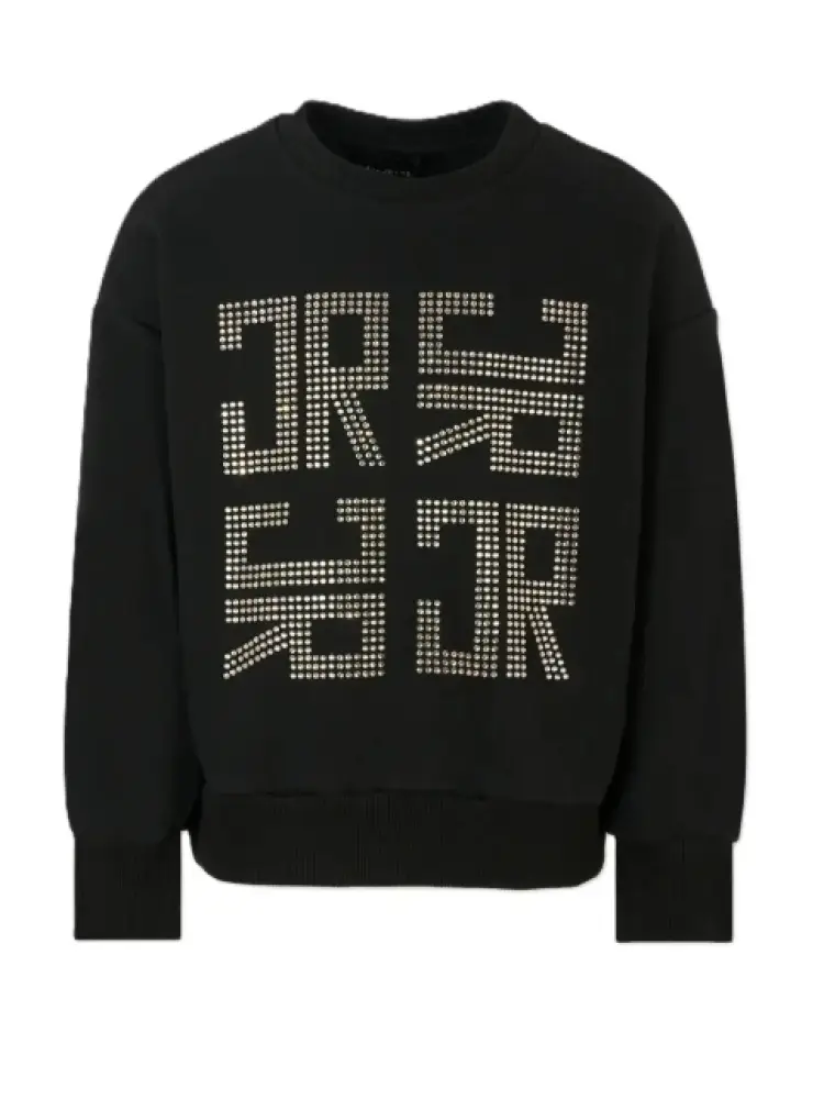 felpa nera bambina in cotone girocollo maxi logo con strass sul davanti