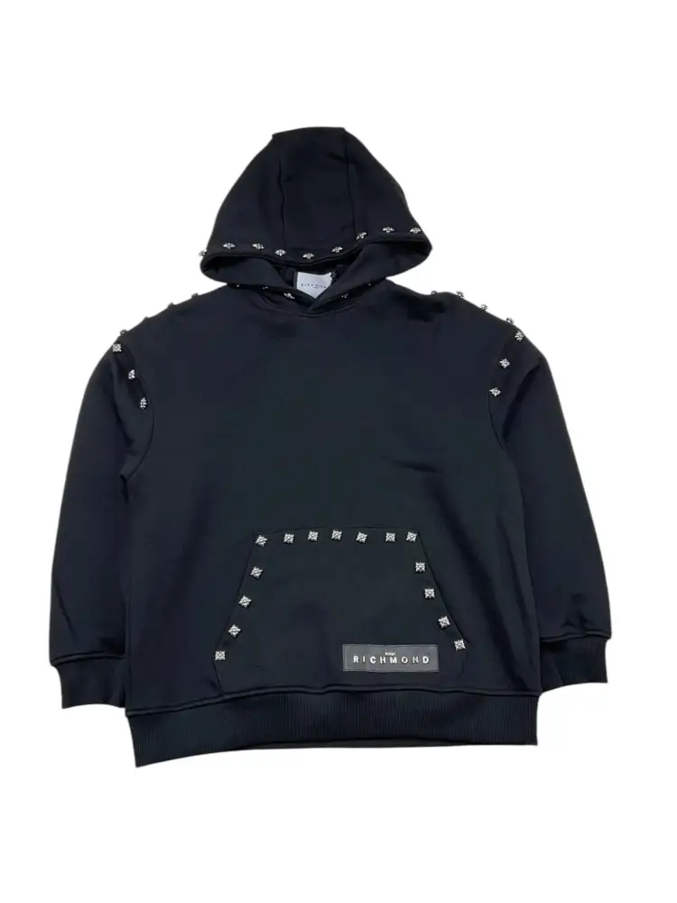 felpa nera bambino in cotone con cappuccio dettagli borchie logo sul fondo