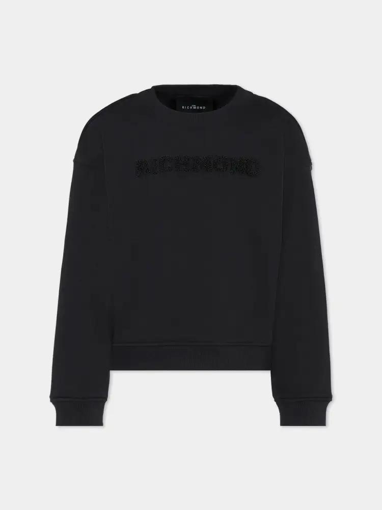 felpa nera bambino in cotone girocollo logo in rilievo