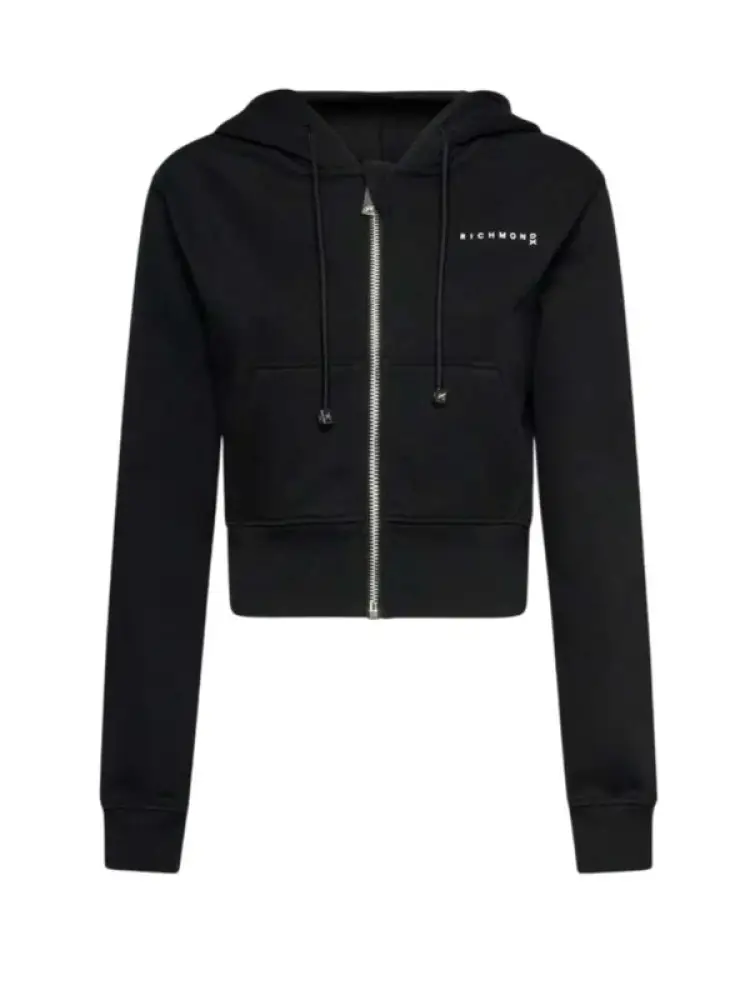 felpa nera donna con cappuccio chiusura zip logo sul petto