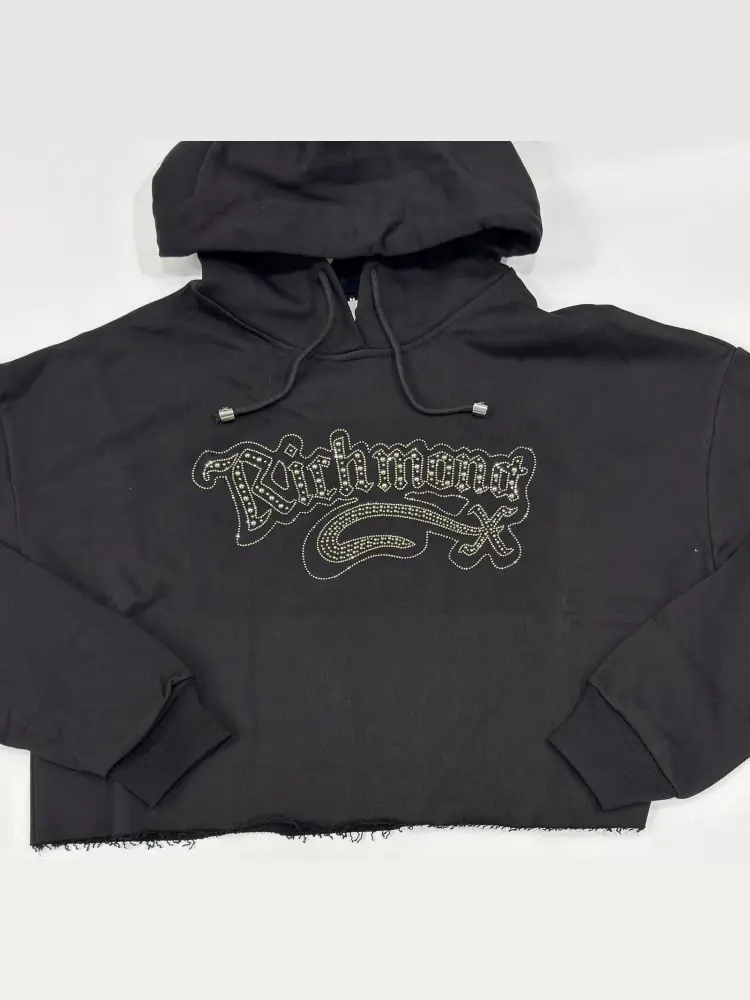 felpa nera donna in cotone con cappuccio crop logo con strass sul davanti miniatura 2