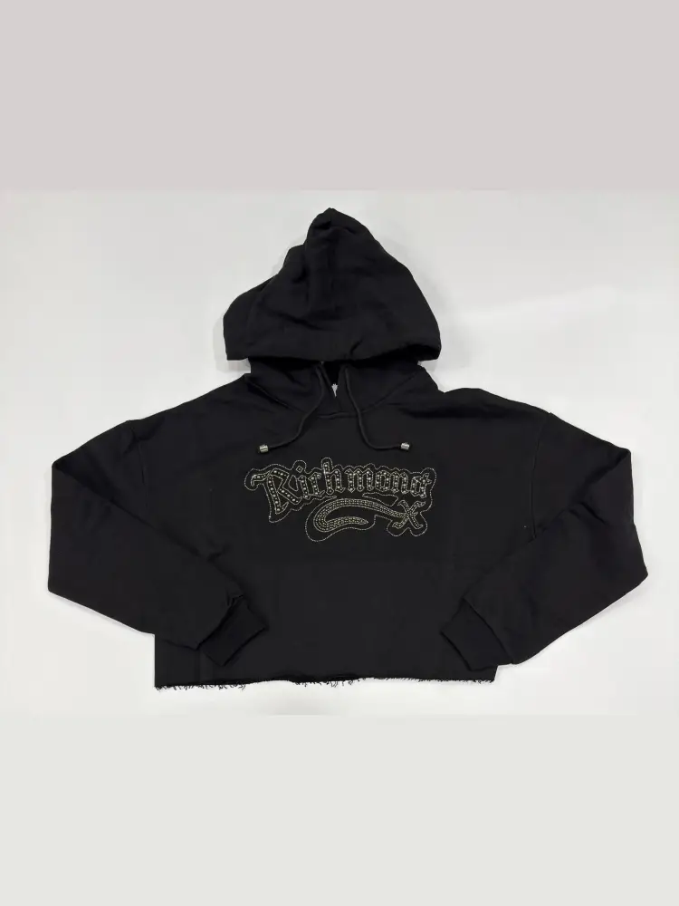 felpa nera donna in cotone con cappuccio crop logo con strass sul davanti