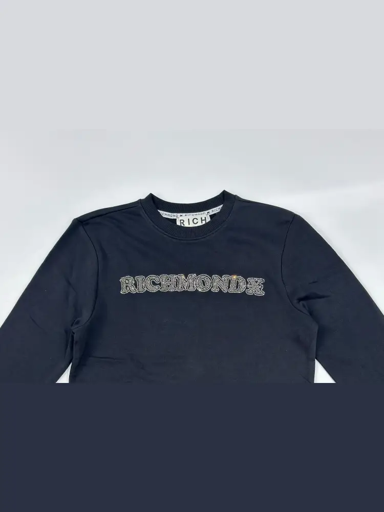 felpa nera donna in cotone girocollo logo con strass sul davanti miniatura 2