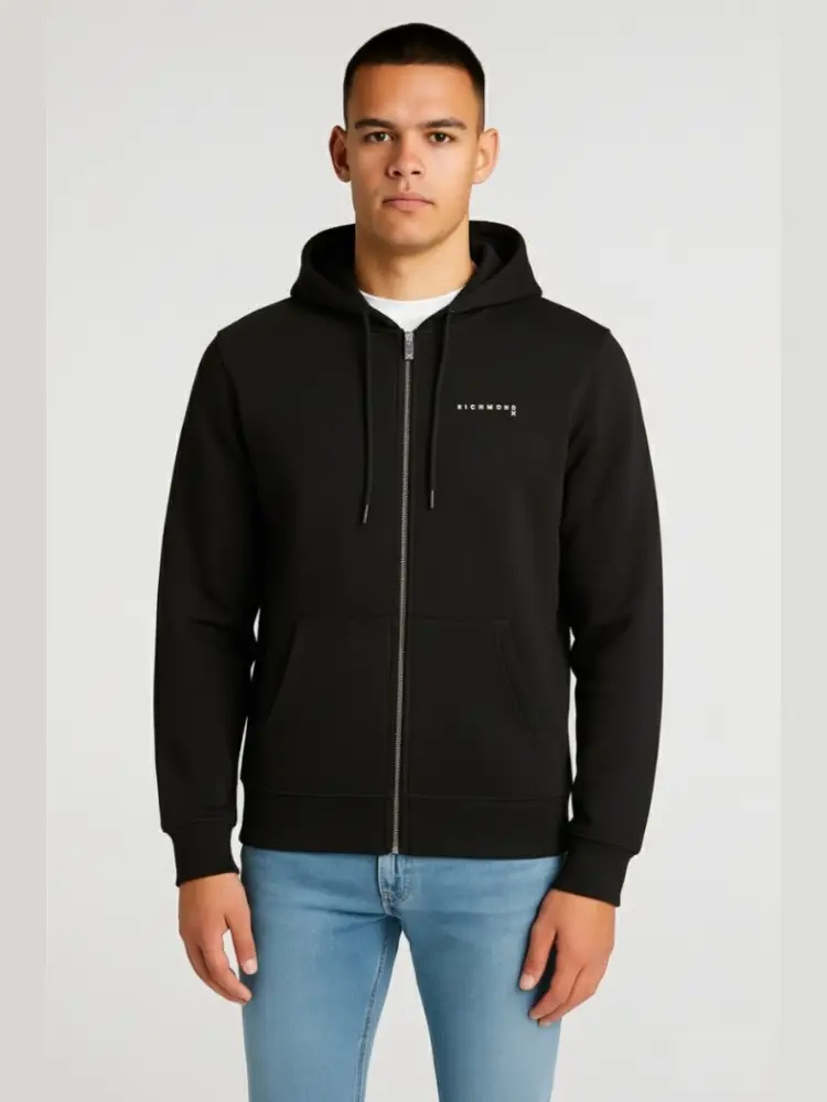 felpa nera uomo con cappuccio chiusura zip logo sul petto