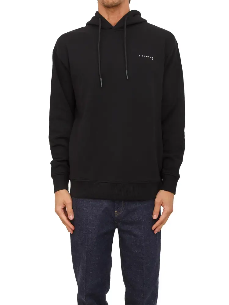 felpa nera uomo con cappuccio in misto cotone mini logo a contrasto