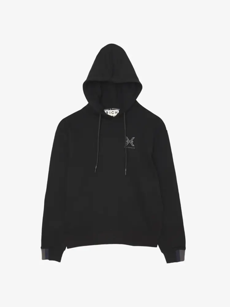 felpa nera uomo in cotone con cappuccio logo sul petto