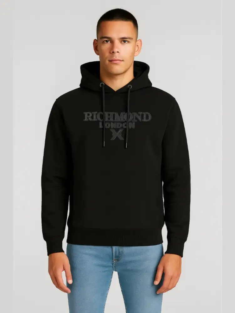 felpa nera uomo in cotone con cappuccio maxi logo sul davanti