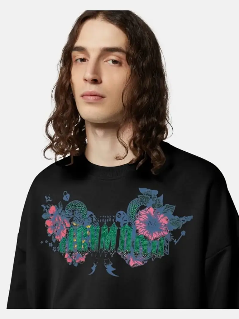 Richmond felpa nera uomo in cotone maxi logo sul davanti con strass miniatura 3