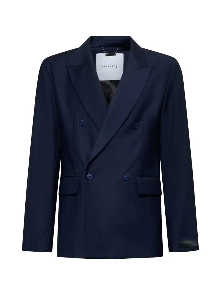 giacca blu navy uomo in misto viscosa doppio petto logo sul retro