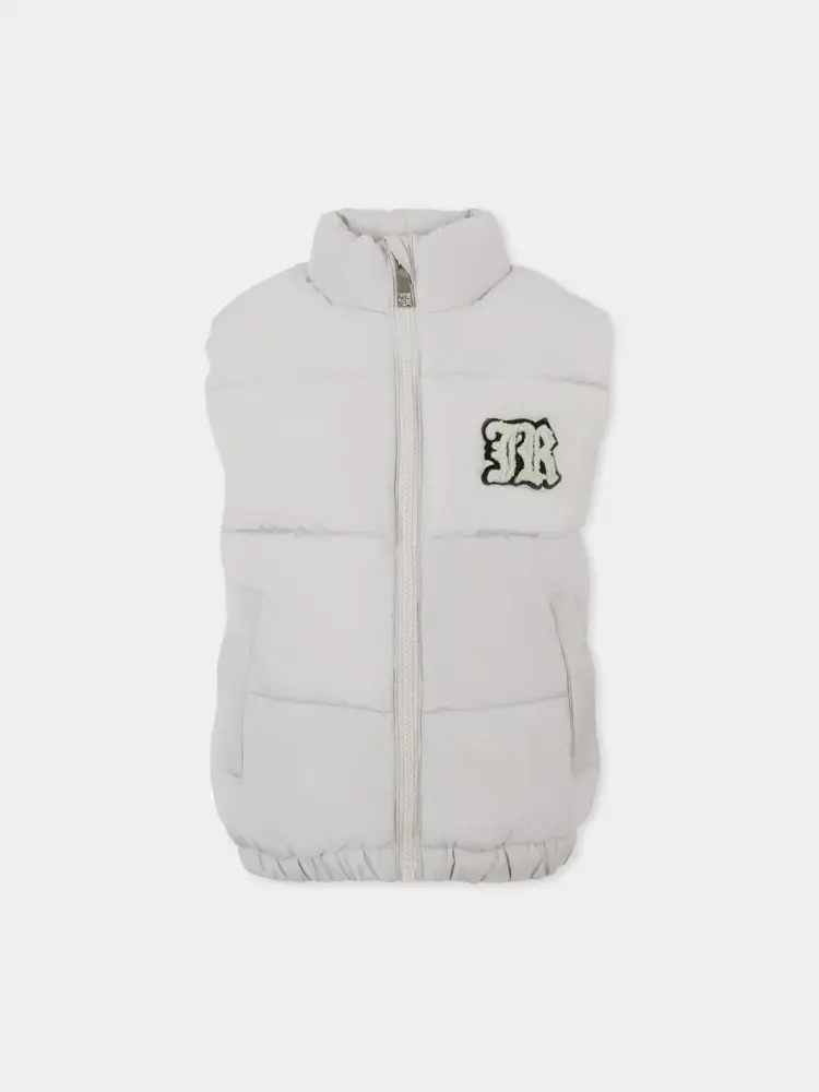giubbotto grigio bambino smanicato patch logo sul petto in rilievo