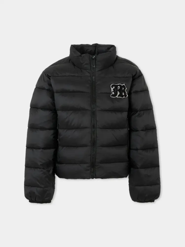 giubbotto nero bambina imbottito patch logo sul petto in rilievo