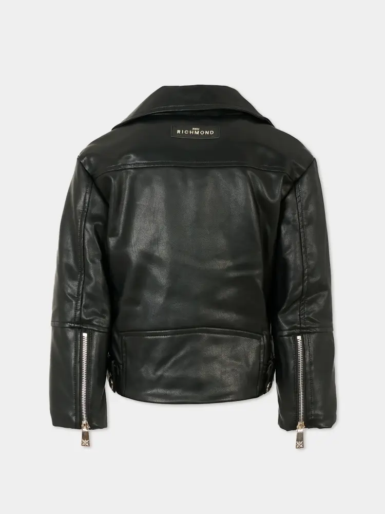 giubbotto nero bambino in ecopelle patch logo sul retro miniatura 2