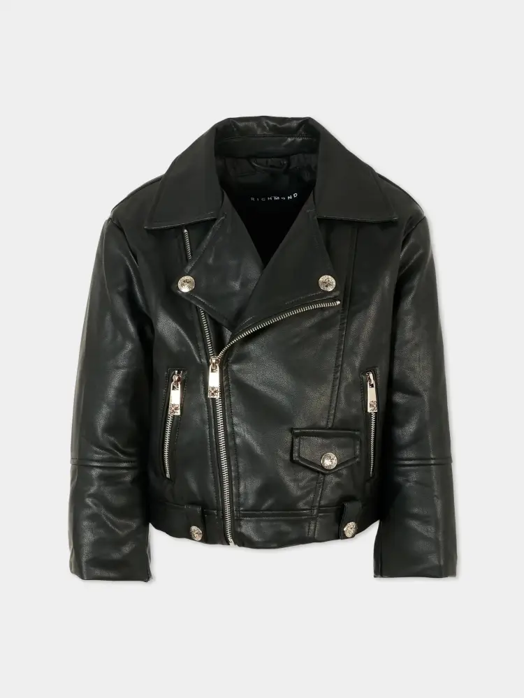 giubbotto nero bambino in ecopelle patch logo sul retro