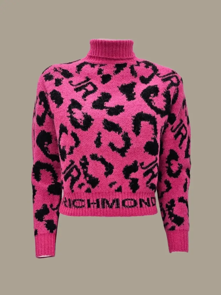 maglia fucsia bambina collo alto motivo animalier all over