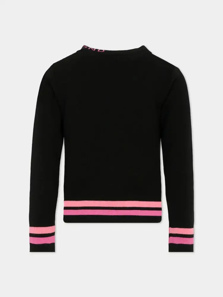 maglia nera bambina in misto lana con dettagli fucsia miniatura 2