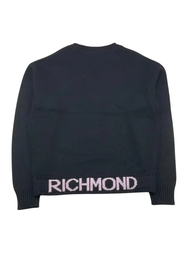 maglia nera bambina in misto lana logo lettering rosa sul fondo miniatura 2