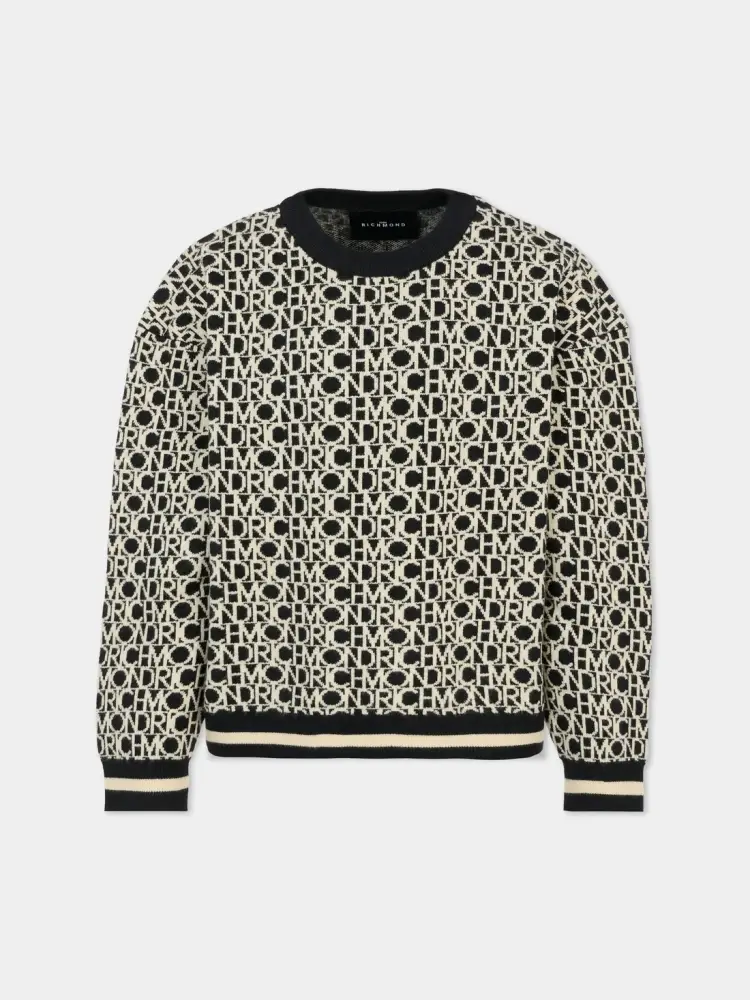 maglia nera bambino in misto viscosa logo monogram all over