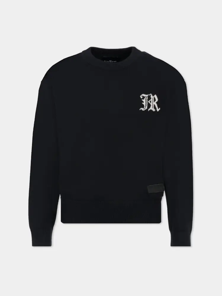 maglia nera bambino in misto viscosa logo sul petto a contrasto