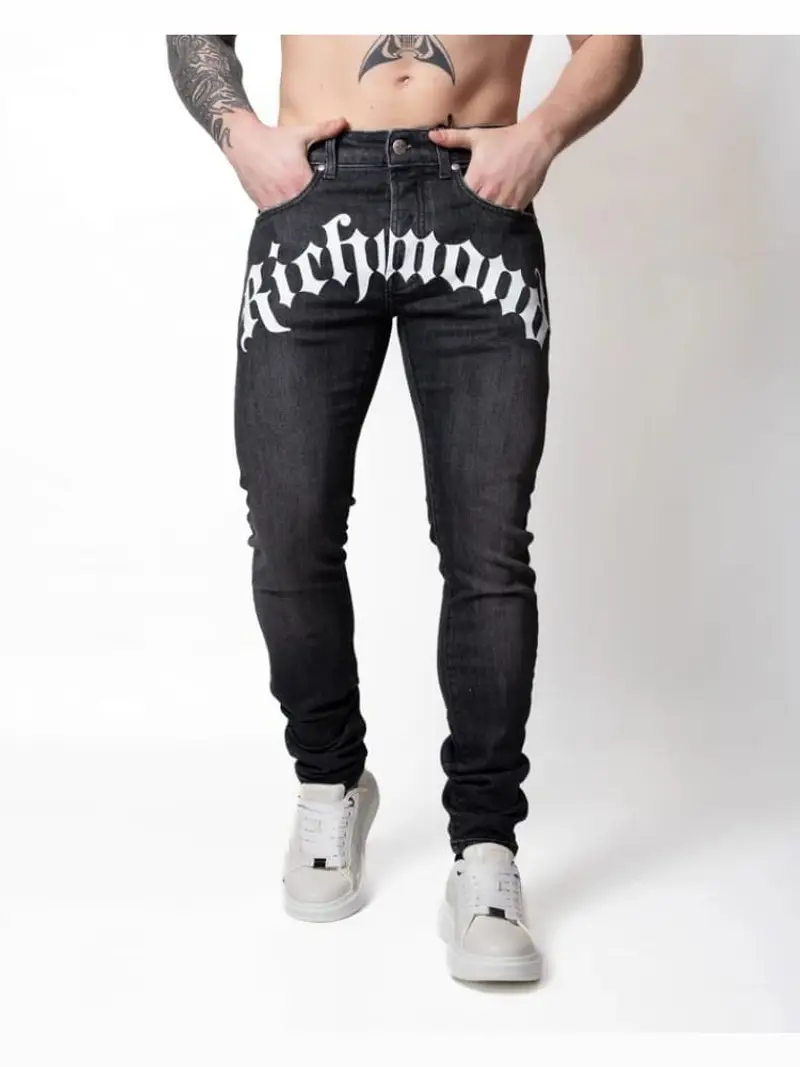 Richmond pantalone in denim nero uomo skinny maxi logo sul davanti
