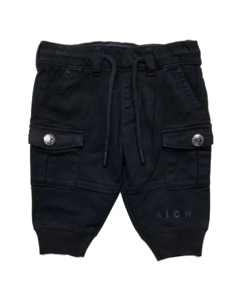 pantalone nero neonato in cotone cargo logo sul fondo