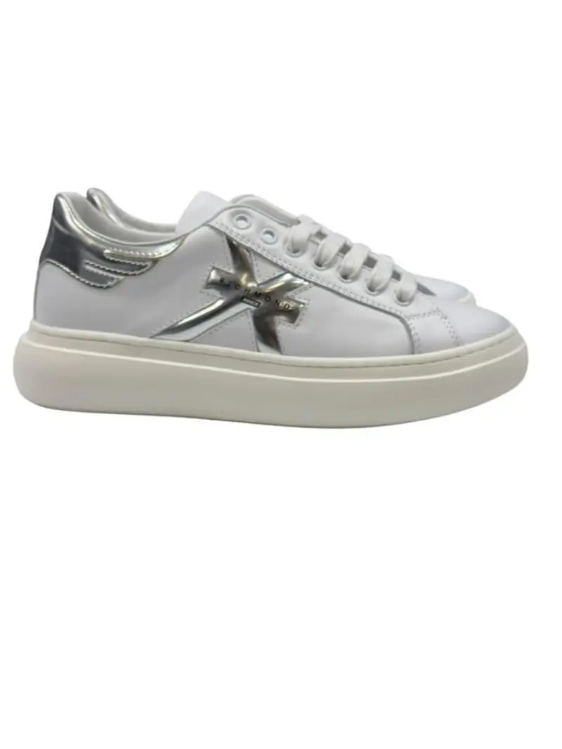 Richmond scarpe bianche donna in ecopelle logo in lamina argento sul lato