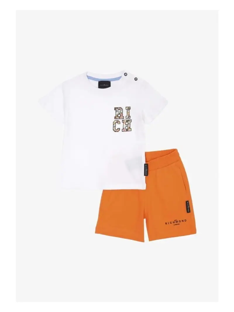 Richmond set arancione neonato tshirt e shorts in cotone logo a contrasto