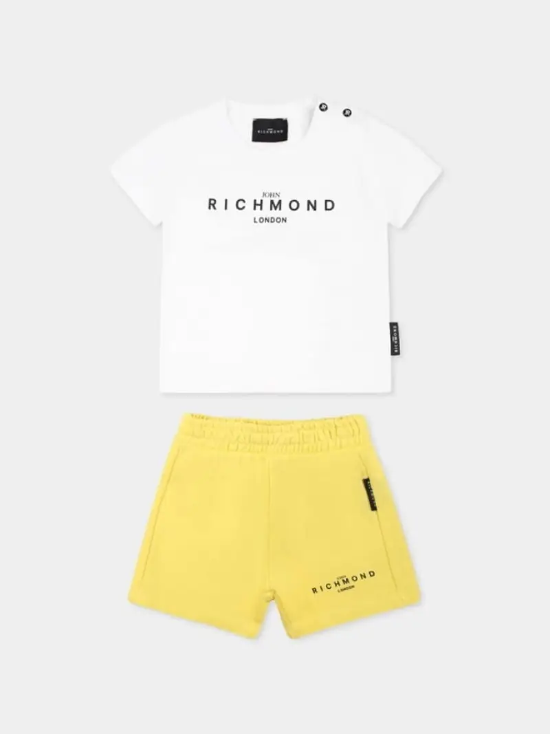 Richmond set giallo neonato in cotone tshirt e shorts logo a contrasto