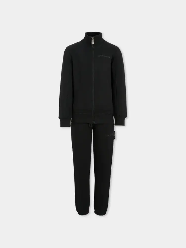 set nero bambina felpa e pantalone tuta in cotone logo tono su tono