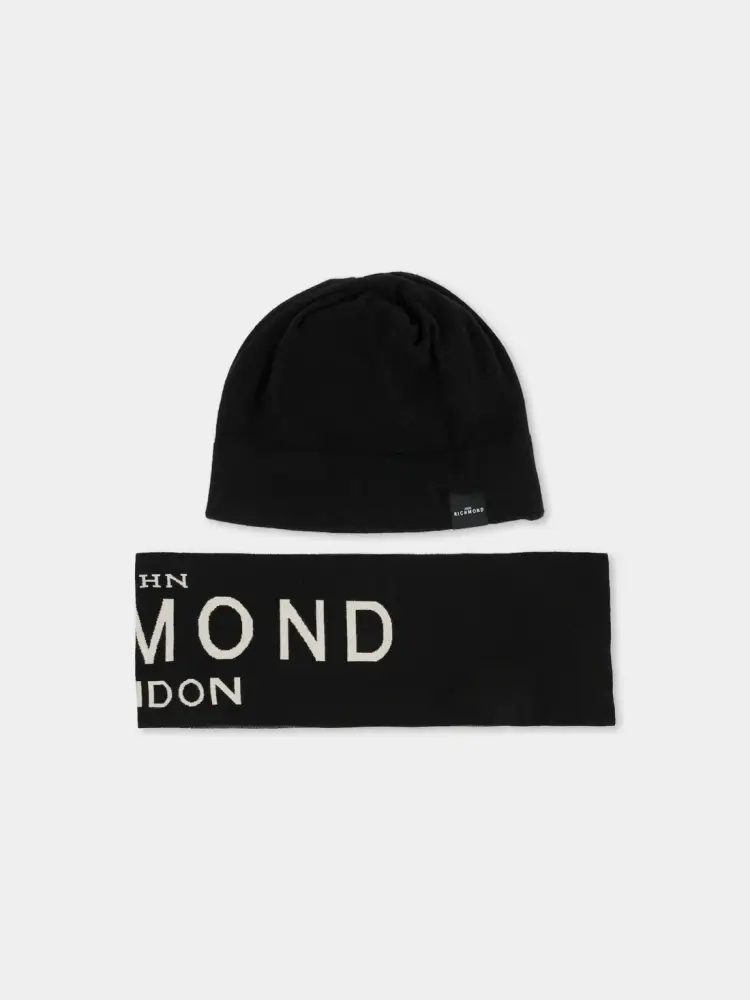 set nero bambino cappello e sciarpa in misto viscosa logo a contrasto