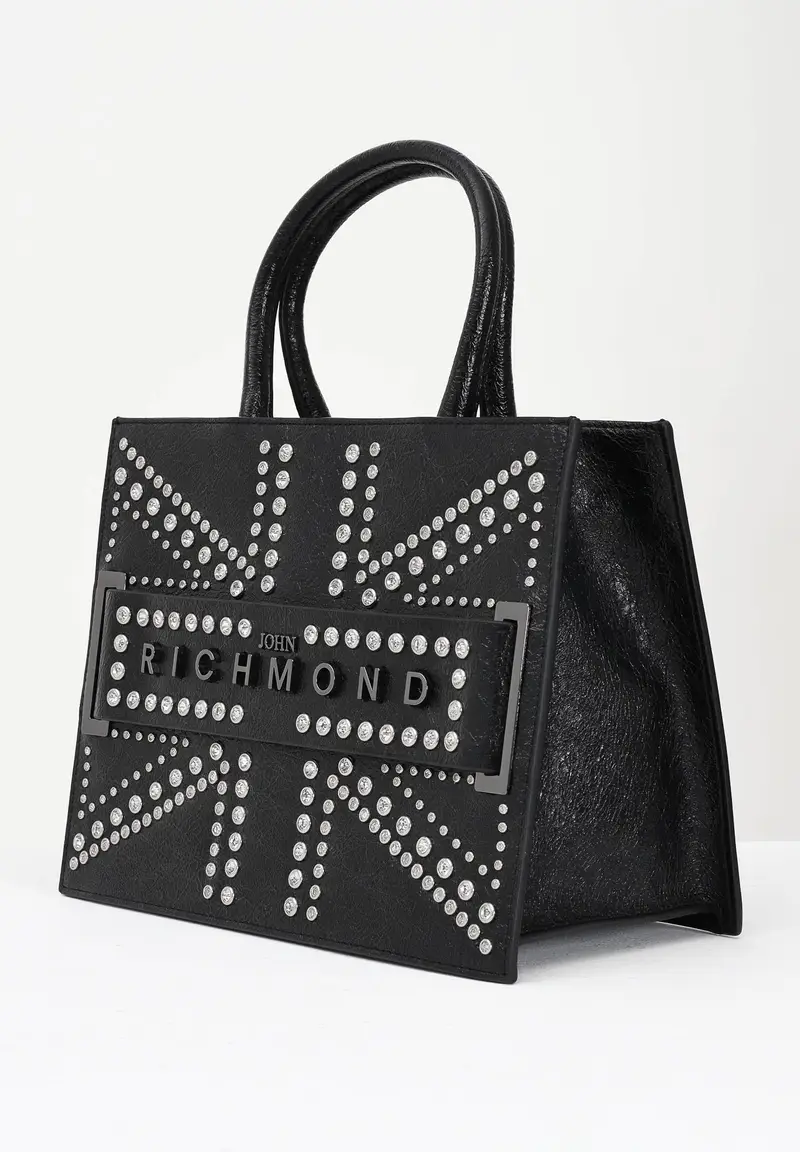 Shopper nera da donna con logo e borchie miniatura 2