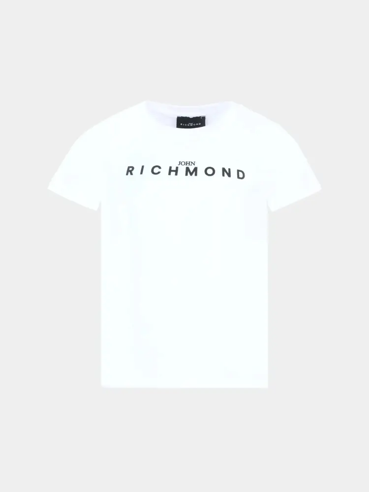 tshirt bianca bambino in cotone logo sul davanti a contrasto